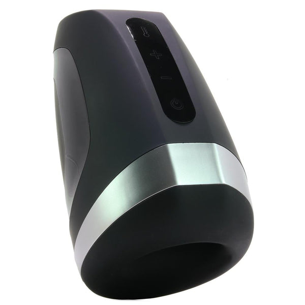 Satisfyer Men Heat Vibration male masturbator in matte black with silver accent band and top control buttons