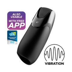 Satisfyer Men Vibration+ beside vibration wave icon with free app badge and CES 2021 award seal