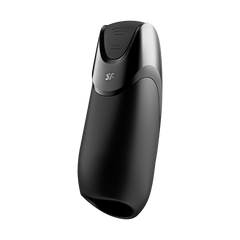Satisfyer Men Vibration+ black silicone vibrator, angled front view showing compact ergonomic body