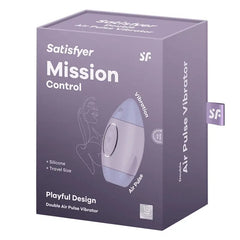 Satisfyer Mission Control double air pulse vibrator in lilac packaging, travel-size silicone design