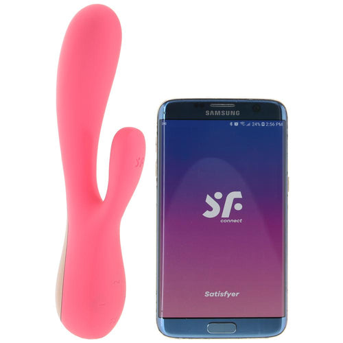 Satisfyer Mono Flex rabbit vibrator in coral pink beside Samsung smartphone showing SF Connect app