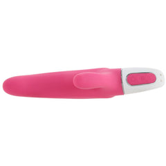 Satisfyer Mr. Rabbit pink vibrator shown horizontally, revealing control buttons and slim profile