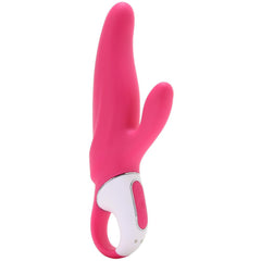 Satisfyer Mr. Rabbit vibrator in pink silicone, dual-stimulation design with finger-loop handle