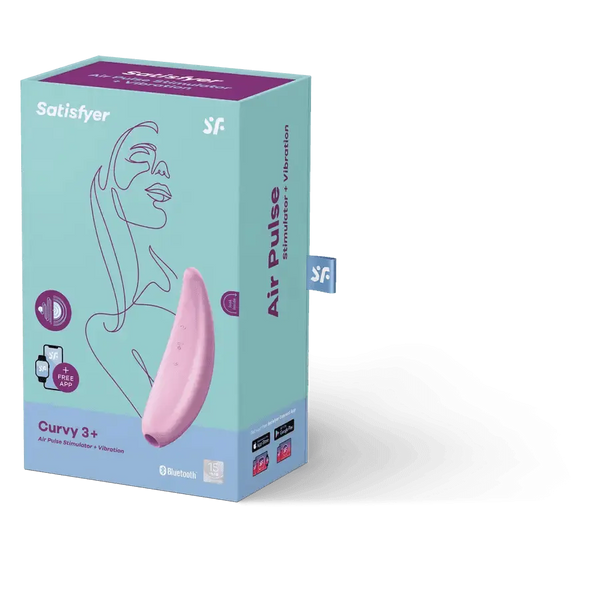 Satisfyer Curvy 3+ pink air pulse stimulator in teal retail box with app icon