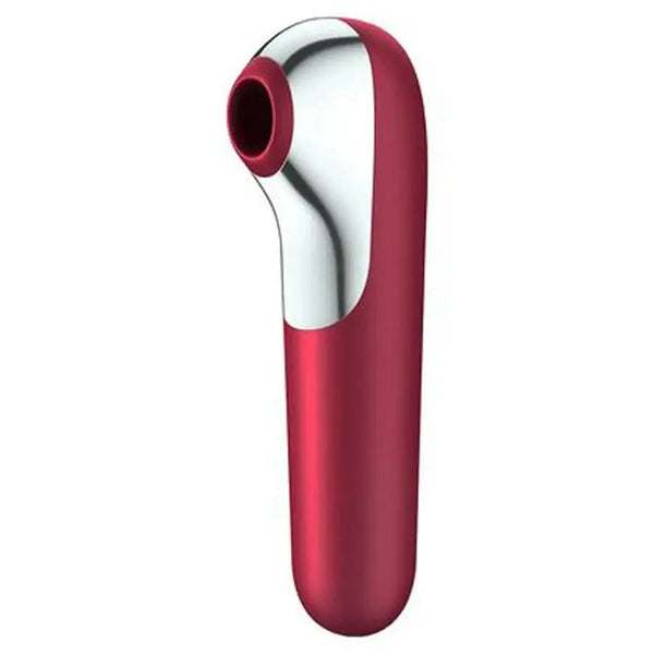 Satisfyer Dual Love air pulse vibrator in deep red with chrome accent and circular nozzle