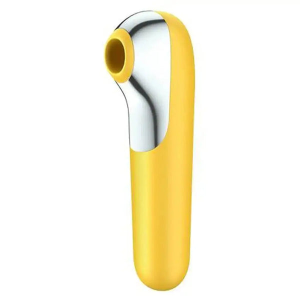 Satisfyer Dual Love clitoral stimulator in yellow with silver chrome accent and round nozzle tip