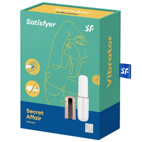 Satisfyer Secret Affair bullet vibrator retail box in teal and blue with product imagery