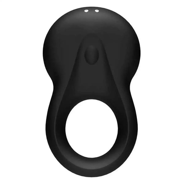 Satisfyer Signet Cock Ring in black silicone, front view showing ergonomic shape and button
