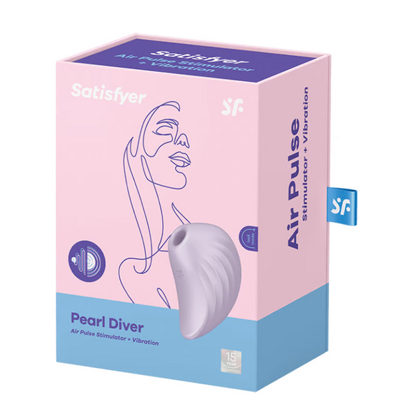 Satisfyer Pearl Diver retail box in pink and blue showing air pulse stimulator product name and branding
