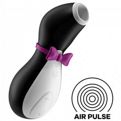 Satisfyer Penguin original version with purple bow tie and air pulse wave graphic