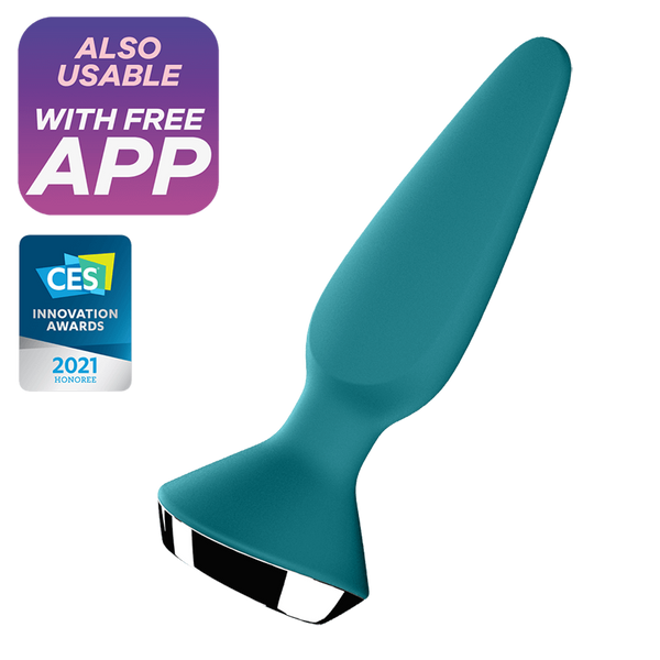 Satisfyer Plug-ilicious 1 in teal with chrome base, CES 2021 Innovation Award badge shown