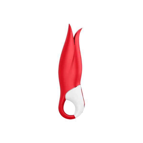 Satisfyer Power Flower red silicone vibrator showing flexible shaft and split petal tip