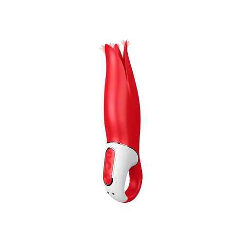 Satisfyer Power Flower red silicone vibrator with petal-shaped tip and white ring handle