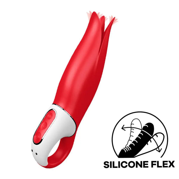 Satisfyer Power Flower red silicone vibrator with petal tip and white ring handle, hero view