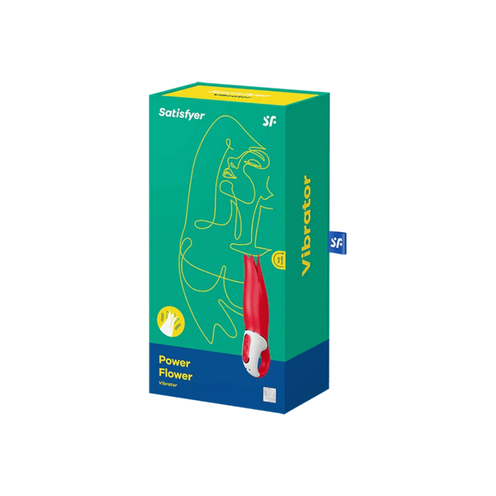 Satisfyer Power Flower vibrator in teal retail box with SF branding and product name