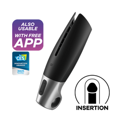 Satisfyer Power Masturbator in black and silver, upright front view, body-safe silicone sleeve