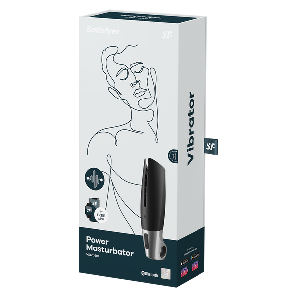 Satisfyer Power Masturbator Vibrator retail packaging with line-art design and Bluetooth app icons