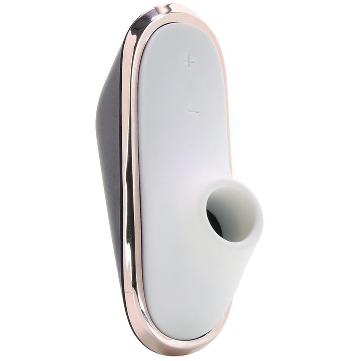 Satisfyer Pro Traveler air-pulse stimulator, front view, white body with rose-gold trim and oval opening
