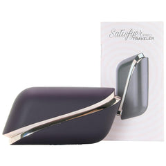 Satisfyer Pro Traveler in dark grey travel case beside product packaging, showing compact portable design