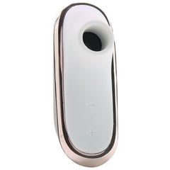 Close-up of Satisfyer Pro Traveler showing plus and minus control buttons and circular air-pulse nozzle