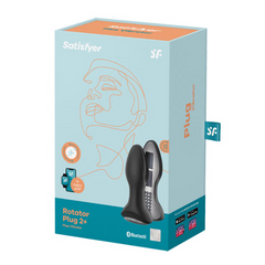 Satisfyer Rotator Plug 2+ retail packaging showing Bluetooth and free app compatibility icons