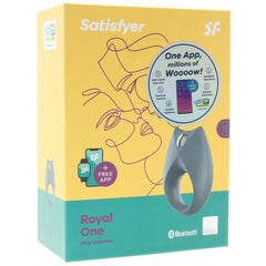 Satisfyer Royal One Ring Vibrator retail box highlighting Bluetooth connectivity and free app compatibility