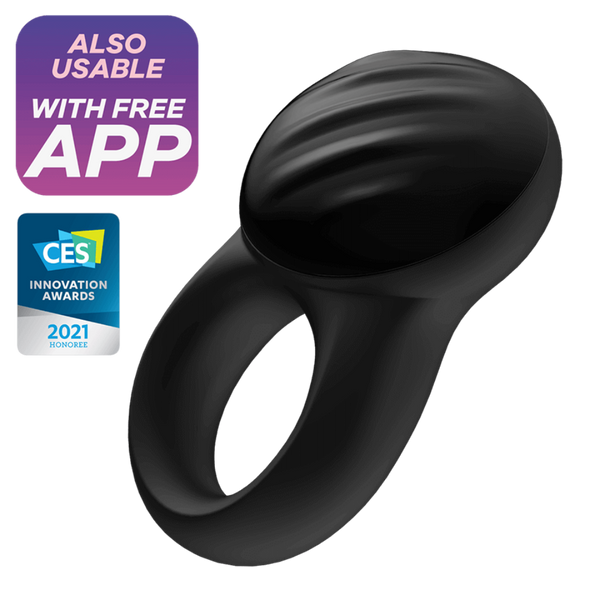 Satisfyer Signet Ring black silicone vibrating cock ring with ribbed oval head, app-compatible