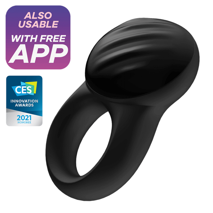 Satisfyer Signet Ring black silicone vibrating cock ring with ribbed oval head, app-compatible