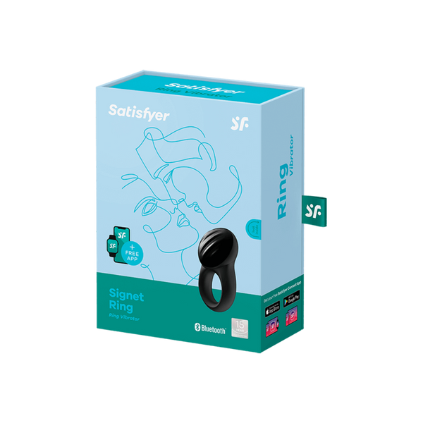 Satisfyer Signet Ring packaging box showing Bluetooth connectivity and free app compatibility