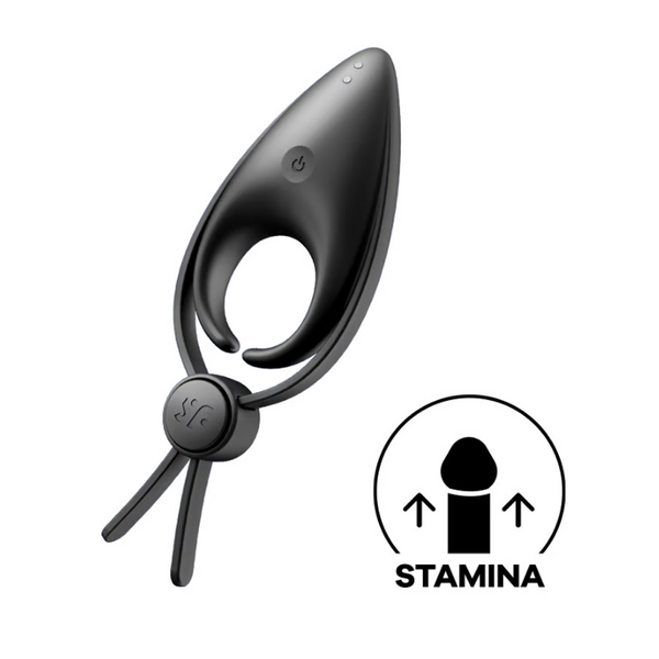 Satisfyer Sniper black vibrating cock ring with leaf-shaped stimulator and adjustable silicone strap