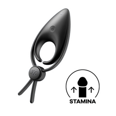Satisfyer Sniper black vibrating cock ring with leaf-shaped stimulator and adjustable silicone strap