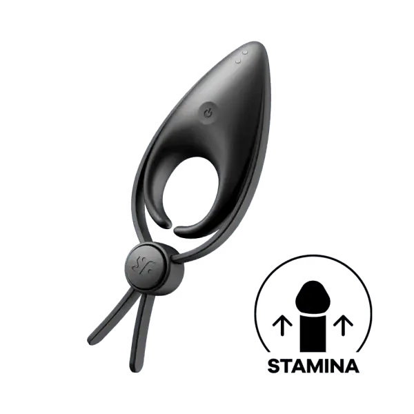 Satisfyer Sniper Ring Vibrator in black silicone with leaf-shaped stimulator and adjustable strap