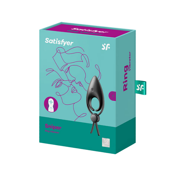 Satisfyer Sniper Ring Vibrator retail packaging in teal and purple showing product illustration and brand logo