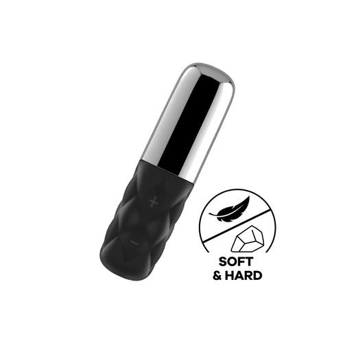 Satisfyer Sparkling Darling black bullet vibrator with silver chrome cap and soft-hard icon