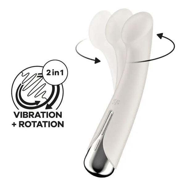 Satisfyer Spinning G-Spot 1 beige vibrator showing rotation motion with 2-in-1 vibration and rotation label