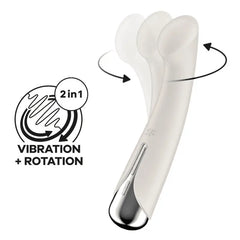 Satisfyer Spinning G-Spot 1 beige vibrator showing rotation motion with 2-in-1 vibration and rotation label