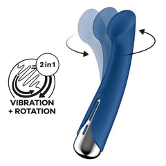 Satisfyer Spinning G-Spot 1 blue silicone vibrator showing rotation motion with arrows