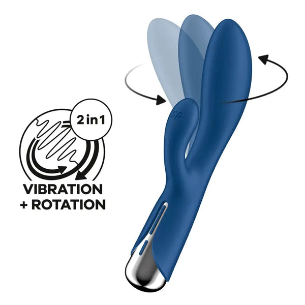 Satisfyer Spinning Rabbit 1 blue silicone vibrator showing rotation motion with 2-in-1 icon