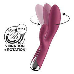 Satisfyer Spinning Rabbit 1 red silicone vibrator showing rotation motion with vibration and rotation icons