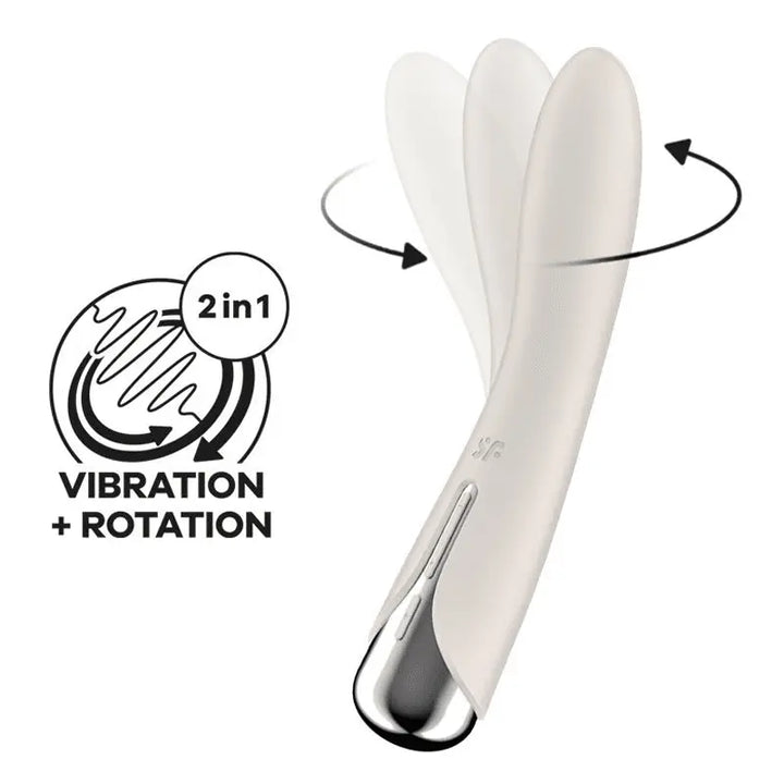 Satisfyer Spinning Vibe 1 beige G-spot vibrator showing rotation motion and 2-in-1 function graphic