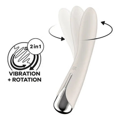 Satisfyer Spinning Vibe 1 beige G-spot vibrator showing rotation motion and 2-in-1 function graphic