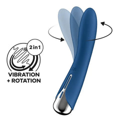Satisfyer Spinning Vibe 1 blue silicone vibrator showing rotation motion with 2-in-1 vibration icon