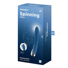 Satisfyer Spinning Vibe 1 retail box highlighting rotating shaft G-spot vibrator in deep blue