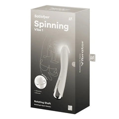 Satisfyer Spinning Vibe 1 retail packaging displaying rotating shaft G-spot vibrator details