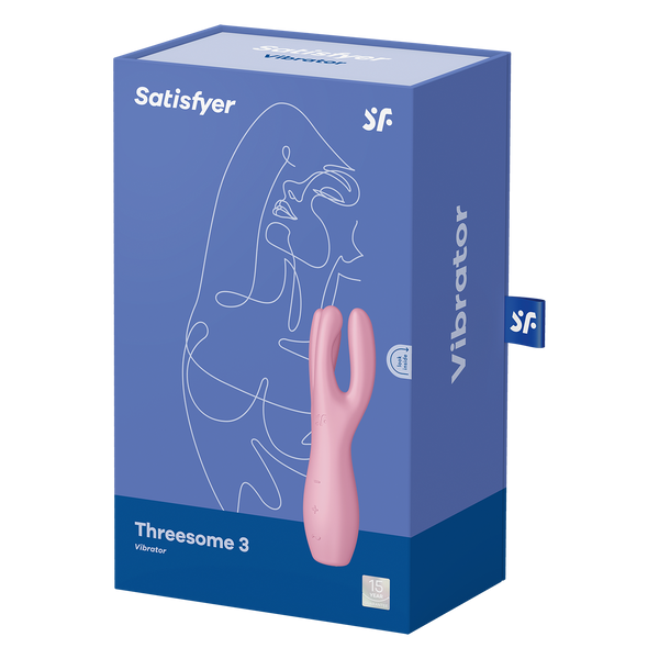 Satisfyer Threesome 3 vibrator displayed in its blue retail packaging box, product name visible