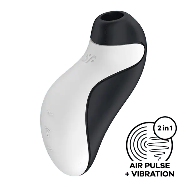 Satisfyer Orca air pulse stimulator in black and white silicone, front hero view