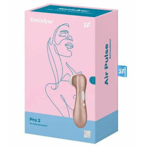 Satisfyer Pro 2 Air-Pulse Clitoral Stimulator in light gold shown in retail box packaging