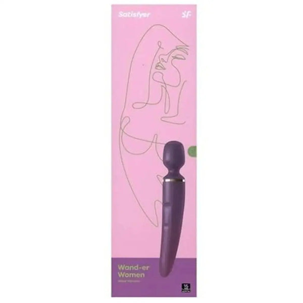 Satisfyer Wand-er Woman wand vibrator in purple on pink retail box with line-art illustration