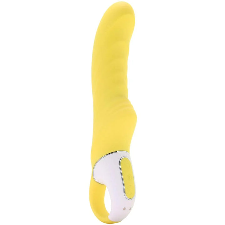 Satisfyer Yummy Sunshine vibrator in yellow silicone with curved ribbed shaft and ring handle