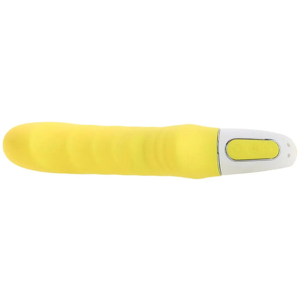 Satisfyer Yummy Sunshine yellow vibrator shown flat, highlighting textured body and control button